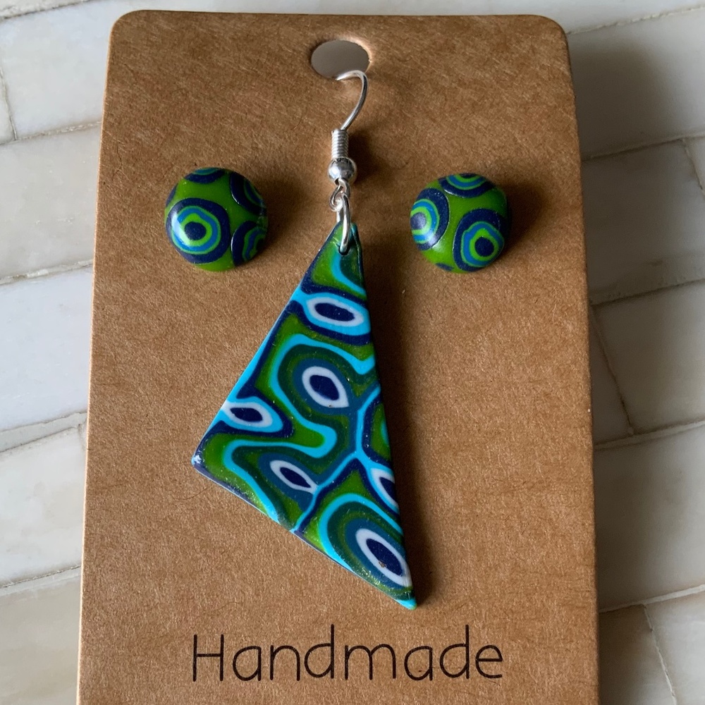 Handmade Retro Green Blue Handcrafted Earrings two Studs / one Dangle Earring